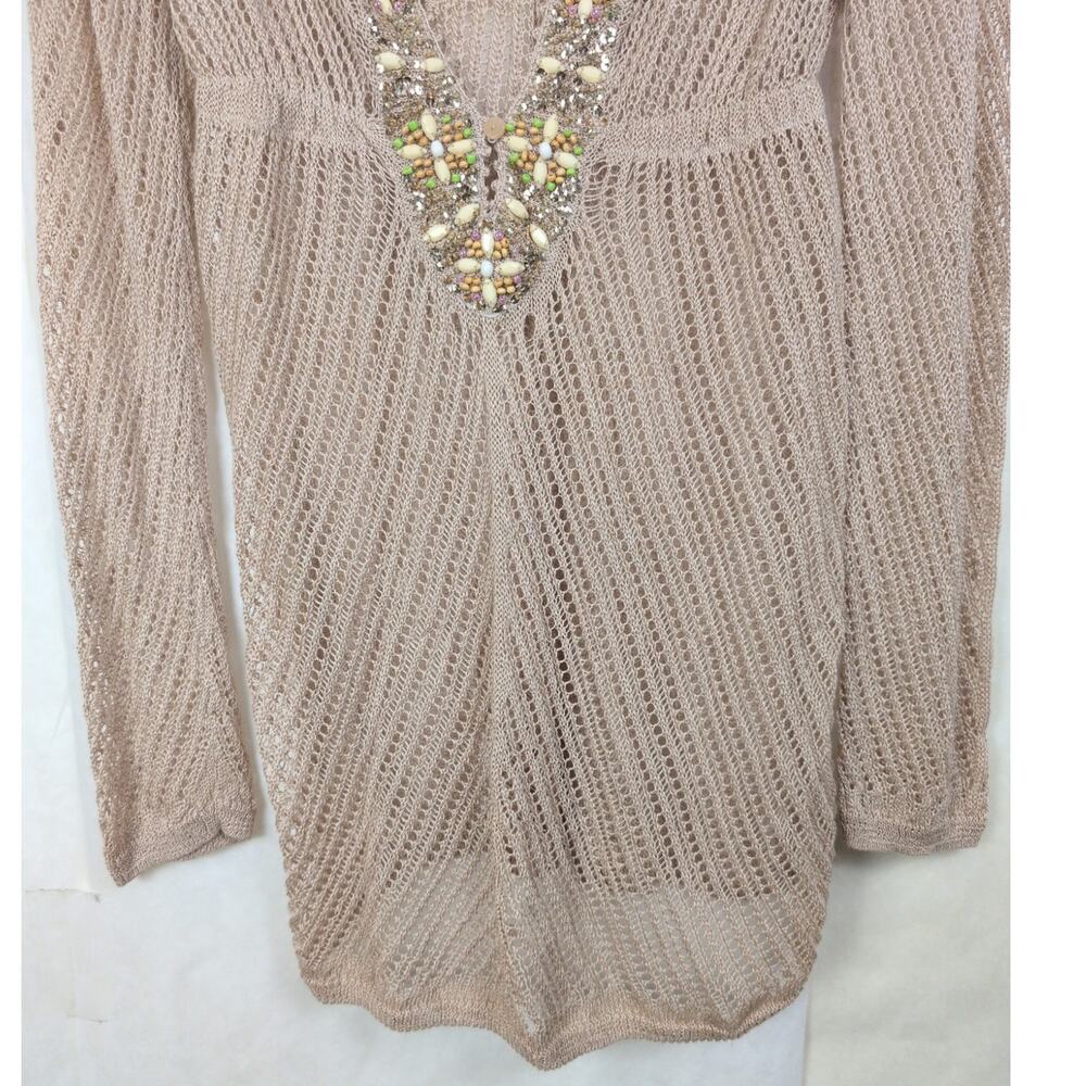 Victorias Secret tan beaded flax/linen open knit cover up sweater Lrg Coastal - Picture 8 of 10